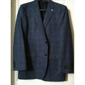 JOS.A.BANK MENS NEW BLUE 100%WOOL PLAID SPORT COAT JACKET BLAZER SIZE: 40L